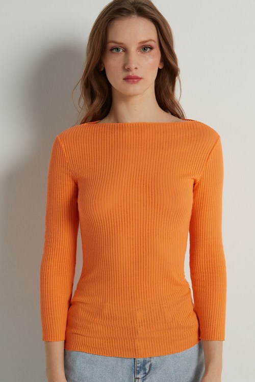 Tezenis 3/4-Length-Sleeve Ultralight Räfflad Bomull Båt-Neck Top Orange Orange | LZTWP-6217