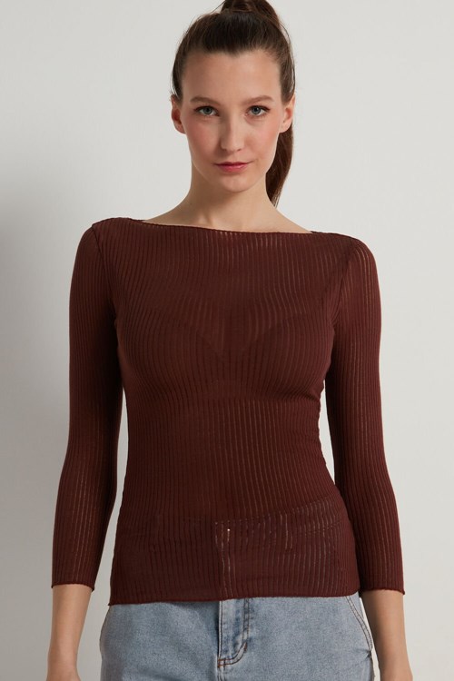 Tezenis 3/4-Length-Sleeve Ultralight Räfflad Bomull Båt-Neck Top Bruna Bruna | ZMAWI-7095