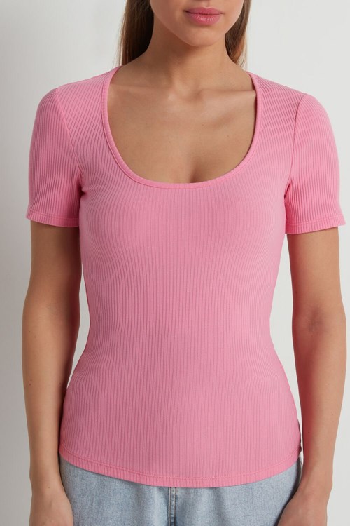Tezenis Basic Rib Bomull Scoop Neck T-shirt Rosa Rosa | FGVCR-0859