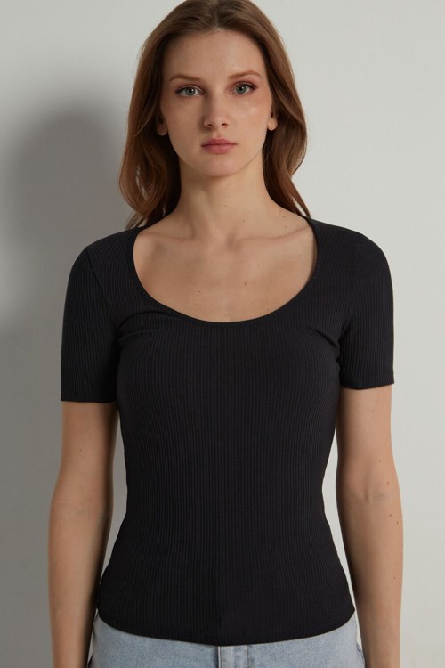Tezenis Basic Rib Bomull Scoop Neck T-shirt Svarta Svarta | JTRIS-1463