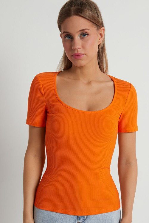 Tezenis Basic Rib Bomull Scoop Neck T-shirt Orange | NHKUG-4693