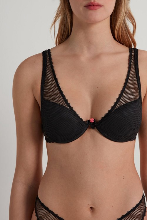 Tezenis Black Net V-Neck Push-Up Bra Svarta Svarta | URJXG-3957