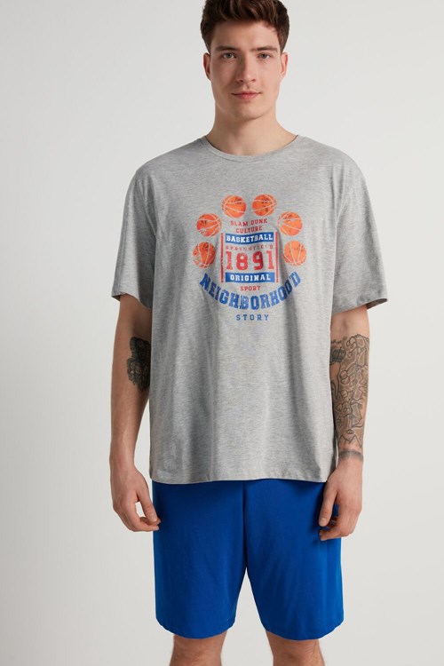 Tezenis Bomull Basketball Print Korta Pajamas Blå Ljus | CNQGL-3691