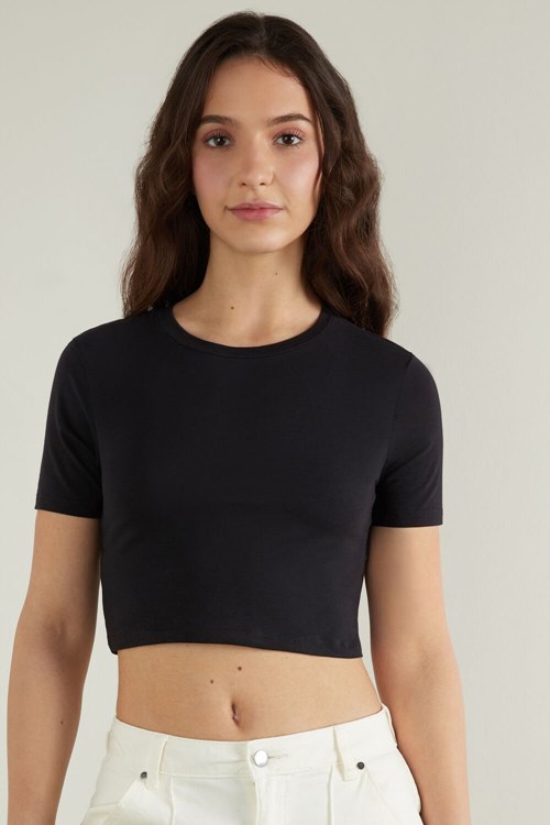 Tezenis Bomull Cropped Crew-Neck T-Shirt Svarta Svarta | IPGNB-4086
