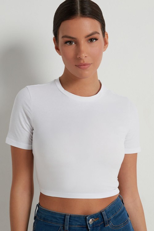 Tezenis Bomull Cropped Crew-Neck T-Shirt Vita Vita | KCSUL-7048