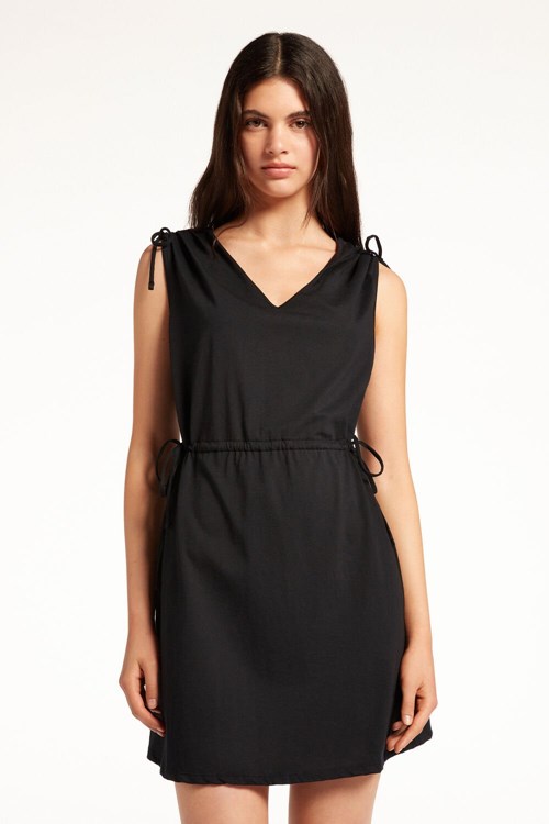 Tezenis Bomull Mini Klänning with Drawstring and Gathering Svarta Svarta | IAEPX-6984
