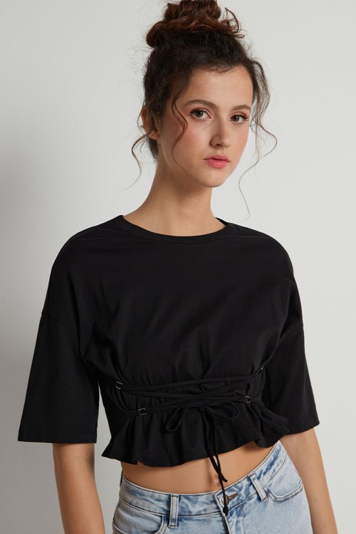Tezenis Boxy Bomull T-shirt with Lacing Svarta Svarta | LHMYO-6275