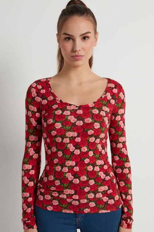 Tezenis Breda Neck Long Sleeve Top in Printed Viscose Röda Rosa | HTSWR-1673