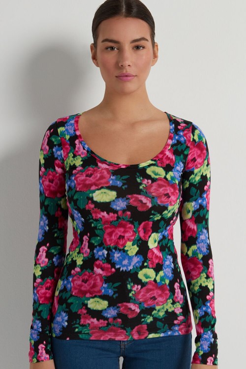 Tezenis Breda Neck Long Sleeve Top in Printed Viscose Svarta | QOUSE-1437