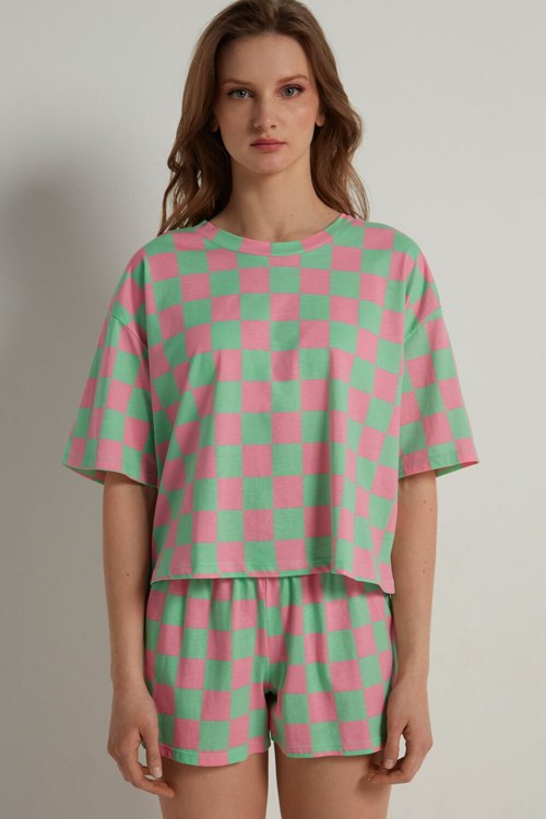 Tezenis Checkerboard Print Korta Bomull Pajamas Gröna Rosa | NPZFX-0763
