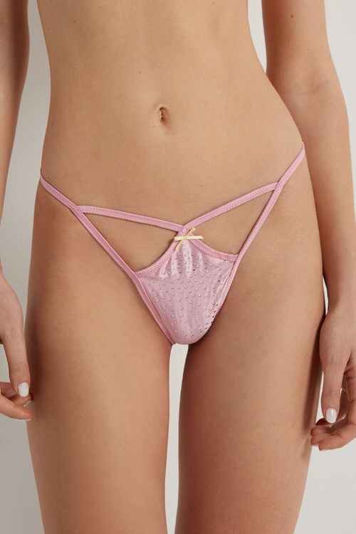 Tezenis Creamy Satin String String with Rhinestones Rosa Rosa | YUKOH-7231