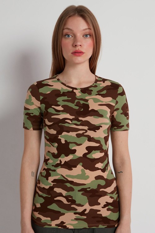Tezenis Crewneck Printed Stretch Bomull T-Shirt Olika Färger Camo | DLWPT-4926