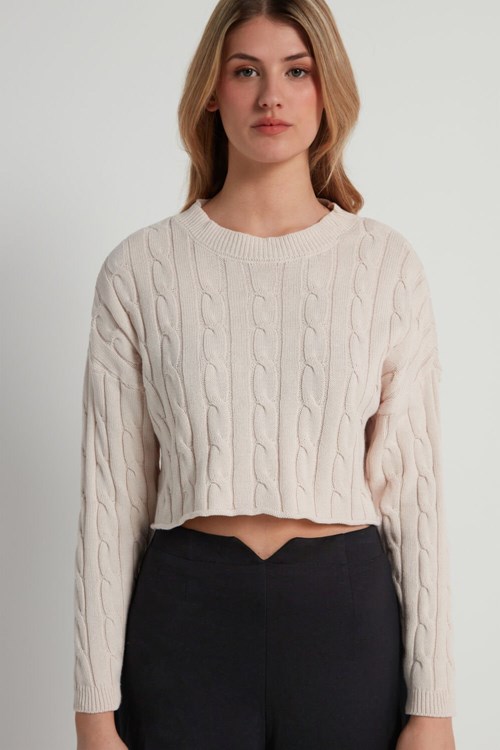 Tezenis Cropped Long-Sleeve Cable Knit Tröja in Fully-Fashioned Bomull Ivory Soft Natural 315v | JKXHB-9204