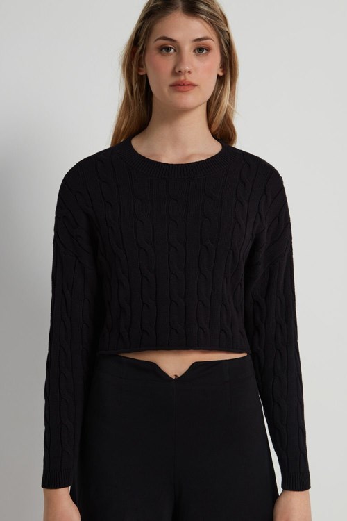 Tezenis Cropped Long-Sleeve Cable Knit Tröja in Fully-Fashioned Bomull Svarta Svarta | QLKZF-8741