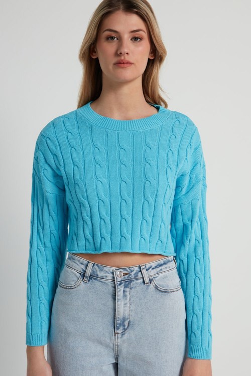 Tezenis Cropped Long-Sleeve Cable Knit Tröja in Fully-Fashioned Bomull Ljusblå Blå | RFXCT-1059