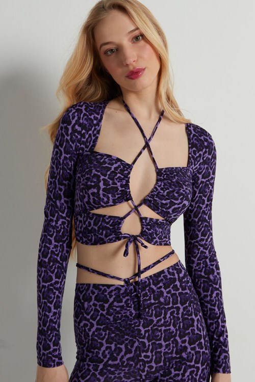 Tezenis Cropped Long-Sleeve Criss-Cross Top Violet Violet Animal Print 305v | ZHLJV-7659