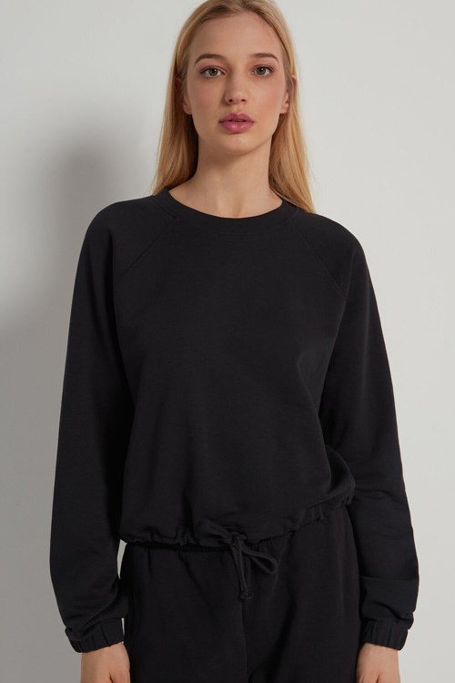 Tezenis Cropped Long-Sleeve Sweatshirt with Drawstring Svarta Svarta | FVUZI-0382