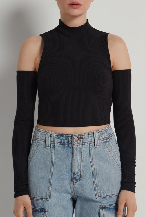 Tezenis Cropped Räfflad Tank Top with Sleeves Svarta Svarta | HNWLS-4587