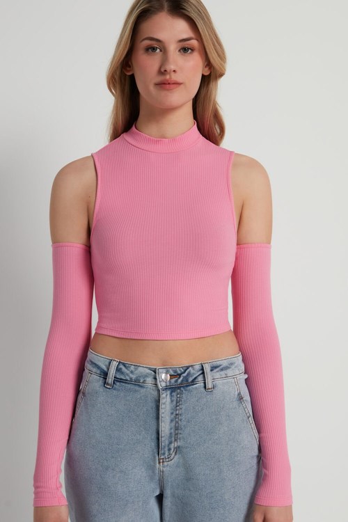 Tezenis Cropped Räfflad Tank Top with Sleeves Rosa Rosa | JTRHU-9582