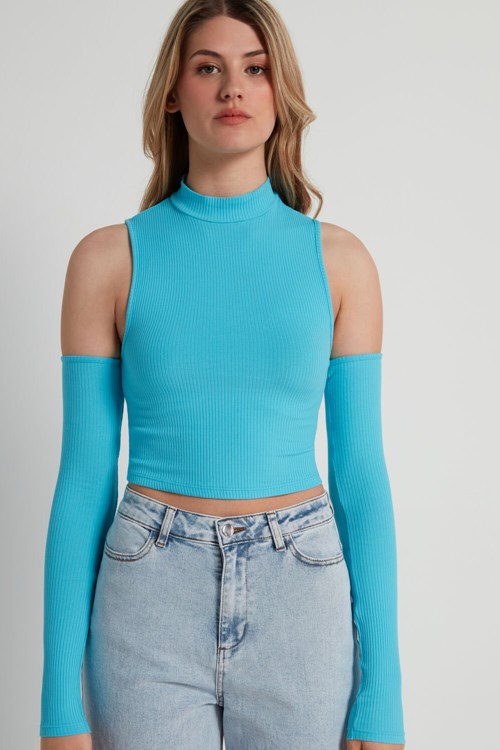 Tezenis Cropped Räfflad Tank Top with Sleeves Ljusblå Blå | SGBVC-3065