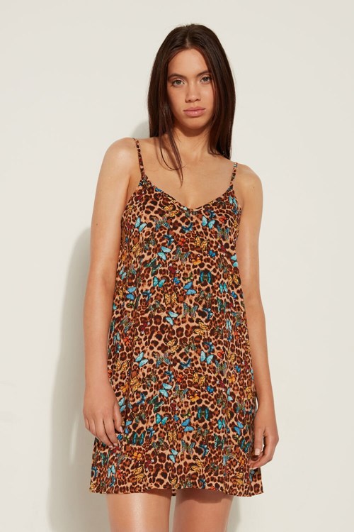 Tezenis Flared Viscose Fabric Mini Klänning Animal Animal-print Butterfly Print 573v | KCRPN-6813