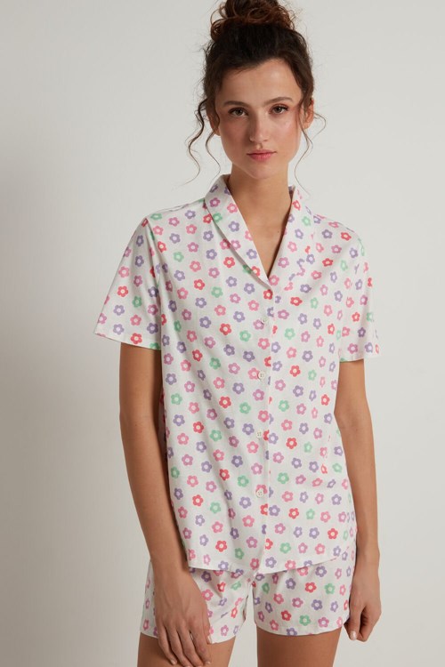 Tezenis Floral Print Button Front Bomull Korta Pajamas Vita | JFBPL-0597