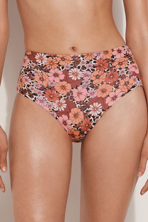 Tezenis Flower Animal Print Gathered High-Cut Bikini Bottoms Floral Floral Animal Print 581v | ZFVBP-4192