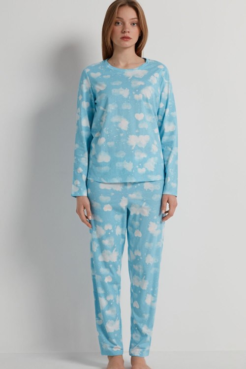 Tezenis Full Length Bomull Cloud Print Pajamas Blå | UKAYL-4695