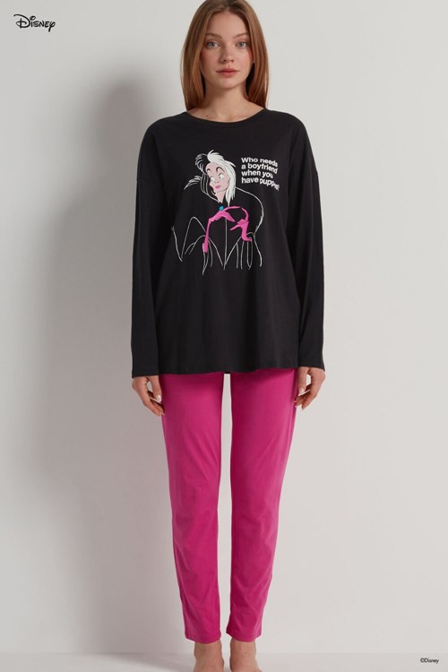 Tezenis Full-Length Bomull Pajamas with Disney Villains Cruella de Vil Print Svarta Svarta | TQSIX-9261