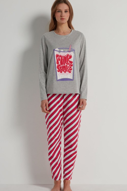 Tezenis Full Length Bomull “Milk Shake” Print Pajamas Grå Ljus | IXGUR-6023
