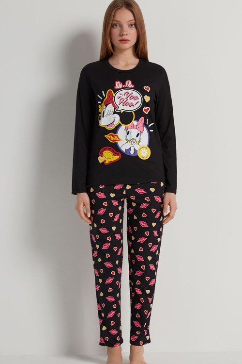 Tezenis Full Length Mickey Mouse Disney Bomull Pajamas Svarta Svarta | XPMHJ-6793