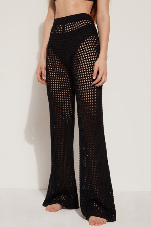 Tezenis Full Length Palazzo Pants in Mesh Crochet Svarta Svarta | FPCEY-6394