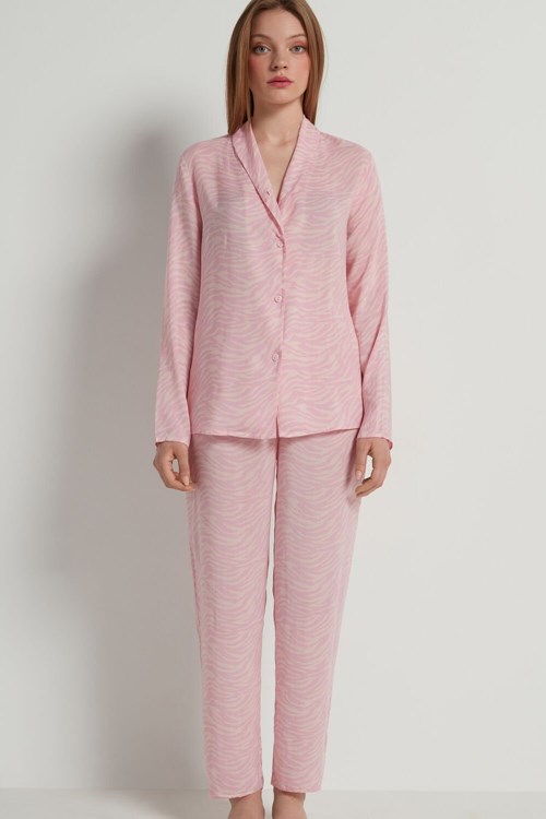 Tezenis Full-Length Printed Viscose Fabric Button-Up Pajamas Rosa Rosa | EZOUX-7184