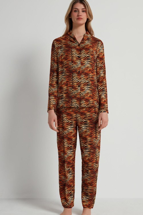 Tezenis Full-Length Printed Viscose Fabric Button-Up Pajamas Animal Tiger Print 303v | RIUOM-1074