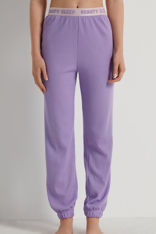 Tezenis Full Length Smocked Pants with Text Waistband Violet Soft Lilac 392v | HGQUE-4908