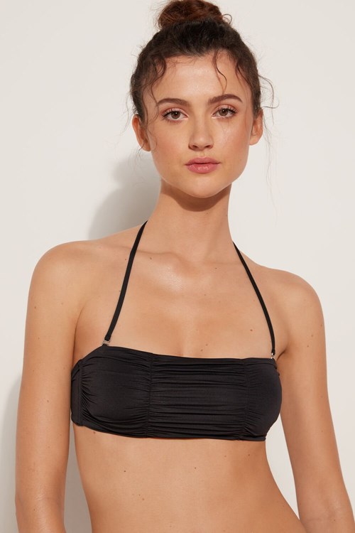Tezenis Gathered Recycled Microfiber Bandeau Bikini Top with Removable Padding Svarta Svarta | WMXGY-2630