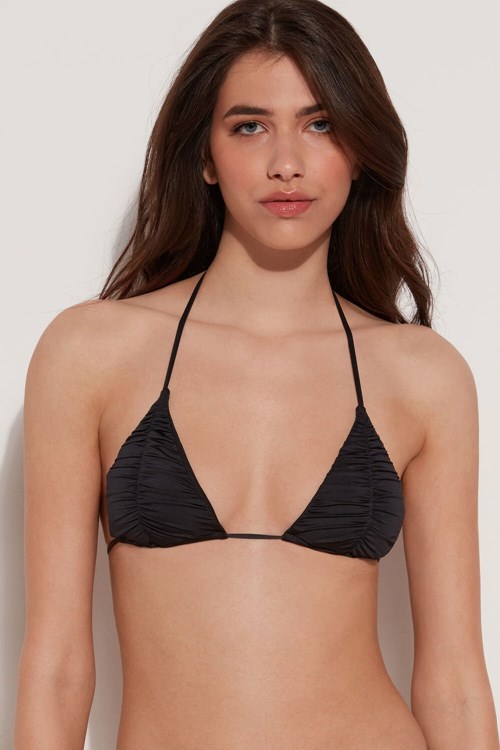 Tezenis Gathered Recycled Microfiber Triangle Bikini Top with Removable Padding Svarta Svarta | AEQJU-4853