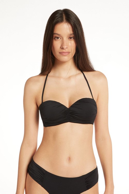 Tezenis Gathered Recycled Microfiber Vadderad Bandeau Bikini Top Svarta Svarta | FWCUQ-5678