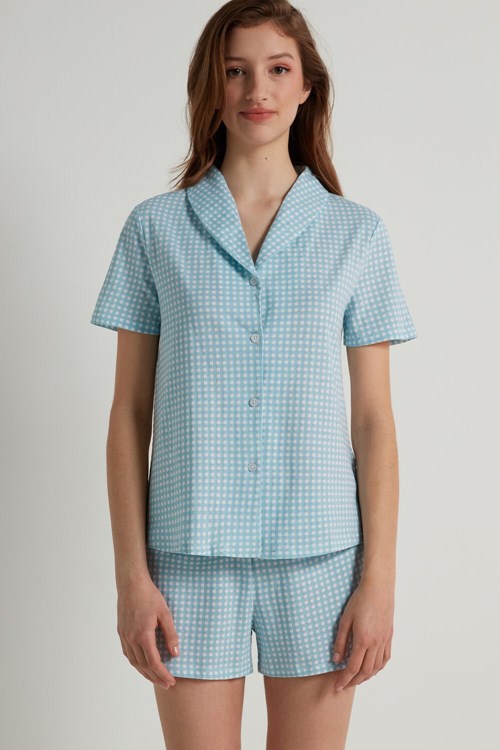 Tezenis Gingham Print Button Front Bomull Korta Pajamas Blå Blå | ACEUS-7160