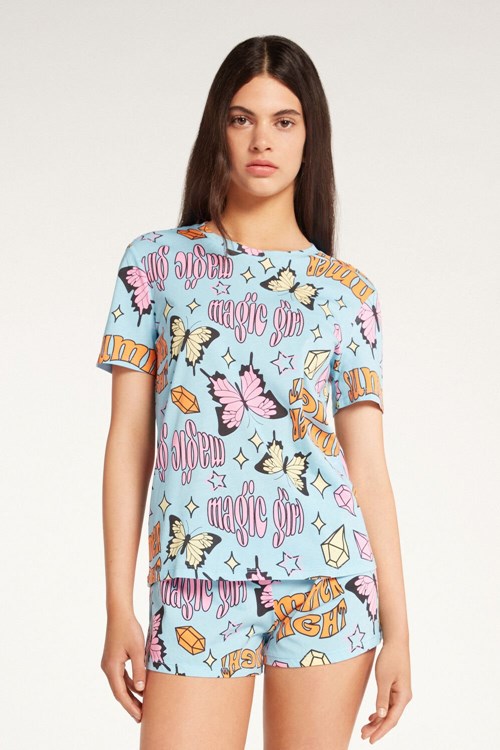 Tezenis Half-Sleeve Butterfly Print Bomull Korta Pajamas Ljusblå | WGQIY-9358
