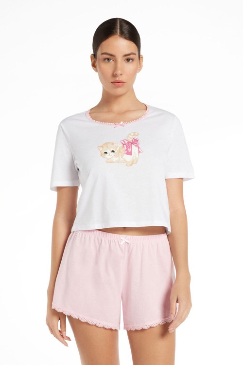 Tezenis Half-Sleeve Cat Print Bomull Korta Pajamas Vita Vita | RSUWT-2530