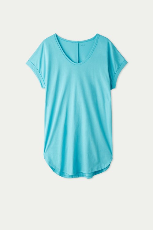Tezenis Half-Sleeve Crew-Neck Korta Bomull Klänning Blå Turkos | SYQEV-5026