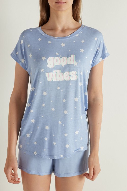 Tezenis Half Sleeve Good Vibes Viscose Korta Pajamas Ljusblå | RGYMT-5376