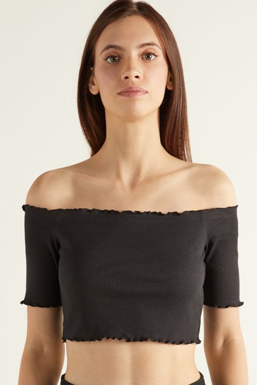 Tezenis Half Sleeve Lettuce Leaf Trim Räfflad Crop Top Svarta Svarta | TVJNI-0653