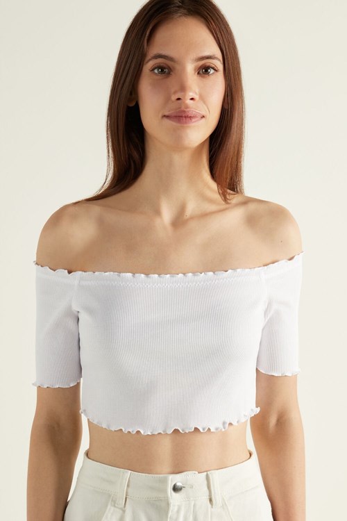 Tezenis Half Sleeve Lettuce Leaf Trim Räfflad Crop Top Vita Vita | ZQILC-9761