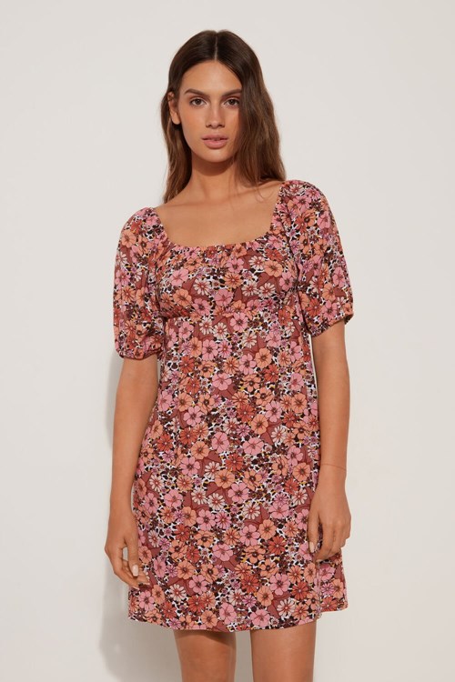 Tezenis Half-Sleeve Mini Klänning with Crisscross Back Floral Floral Animal Print 581v | WHLIJ-6014