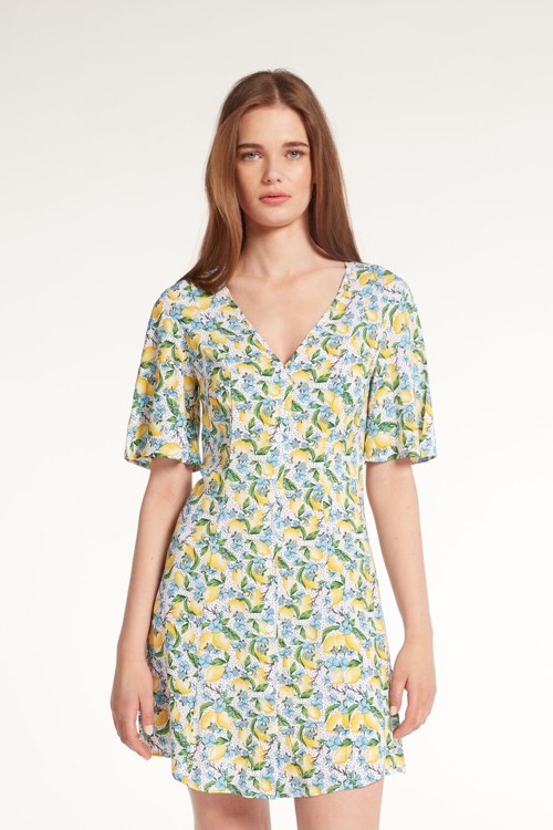 Tezenis Half-Sleeve Viscose Fabric Shirt Klänning Gröna Blommiga Citron | CQHMS-5963