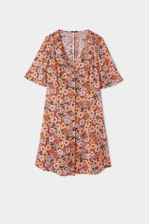 Tezenis Half-Sleeve Viscose Fabric Shirt Klänning Floral Floral Animal Print 581v | OHWTX-0873
