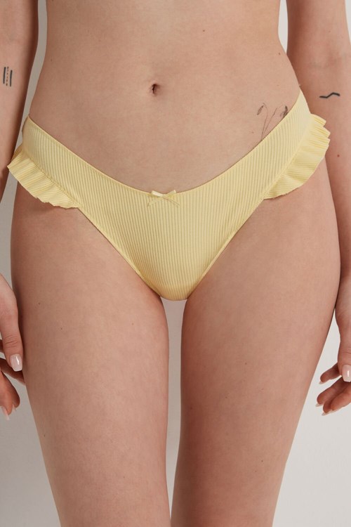 Tezenis High-Cut Räfflad Bomull Brazilian Panties with Ruffles Gula Gula | DQAEU-9041