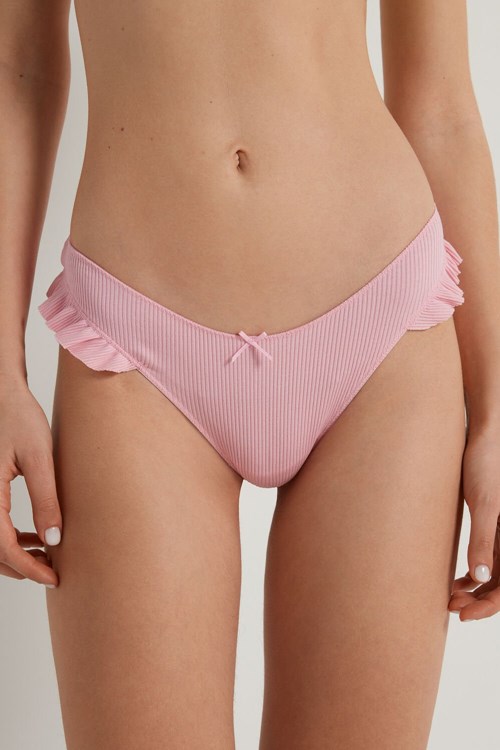 Tezenis High-Cut Räfflad Bomull Brazilian Panties with Ruffles Rosa Rosa | FLWVC-8312